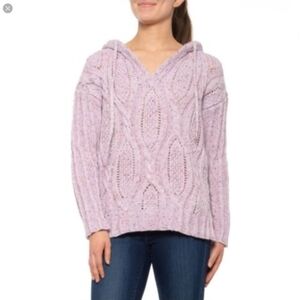 ANTHROPOLOGIE x Cupio Hooded Cable Marled Knit Hi/Lo Sugarplum Pink Sweater NWT